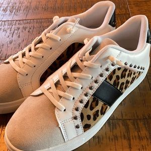 NWOT White & Leopard Studded Sneakers